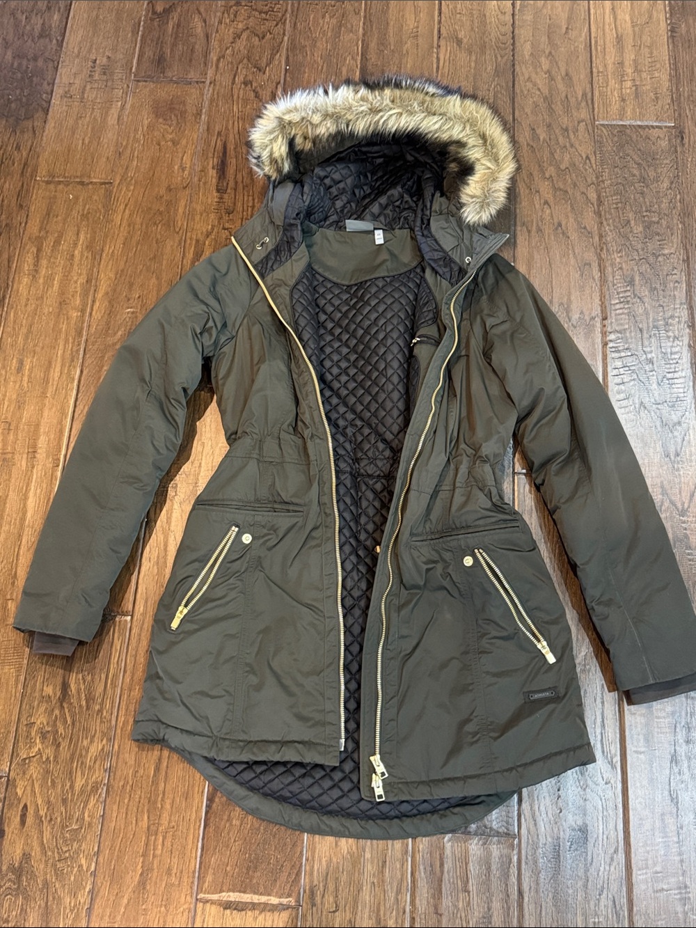 Athleta Olive Green Quilted-Lined Parka with Faux Fur Hood